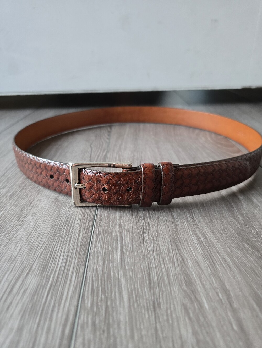 Brown Woven Leather Belt Men's 34 Basketweave Silver Buckle Made in USA Casual
